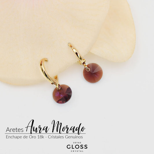 Aretes Aura Morado Enchape Oro Cristal Genuino